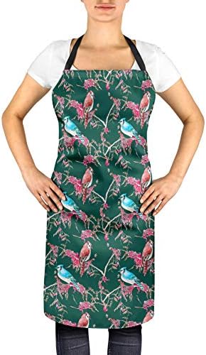 S4Sassy Green Red Berries & Bulbul Bird Adjustable Printed Kitchen Apron with Tie Back Chef Bib BBQ-24 x 32 Inches