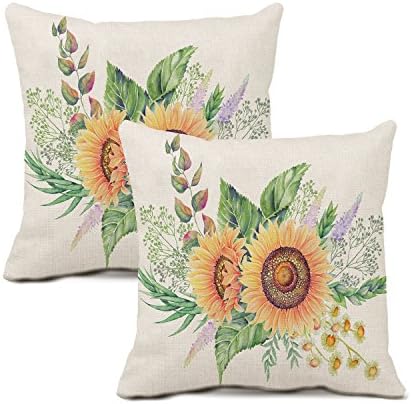 linyangpt Pack Of 2 Throw Pillows Covers bolster cushion case Faux Linen Effect Sunflower pattern living