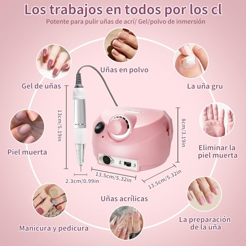 Drill Para uñas Profesional,40000RPM Taladro para Uñas Profesional,Herramienta de Manicura Pulidora con 6 tipos cabezales lijado y bandas lijado,Velocidad Ajustable,para manicura casa y salón.