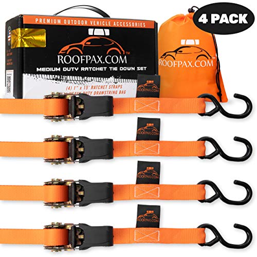 RoofPax Ratchet Straps (4-Pack), Heavy Duty Tie Downs Kit 1,823 Lbs Break Strength 1" inch X 15' ft. Cargo Tiedowns for Motorcycles. Padded Handles & Coated Chromoly S Hooks