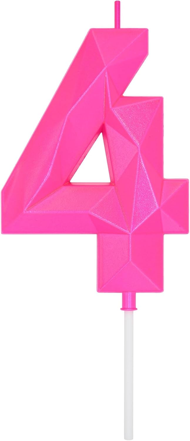 Candles & Holders - DERVENTA Birthday Candles Big Numbers 3D Pink 3.7 inch Party Cake Topper 1 Piece (Number 4 Pink)