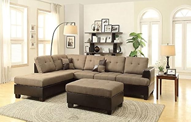 Poundex Bobkona Winden 3-Piece Sectional Sofa with Ottoman, Tan