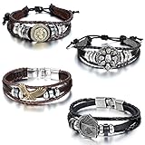 Aroncent 4pcs Metal Handmade Silver Wing Leather Bracelet Wristband Adjustable Wrap Cuff