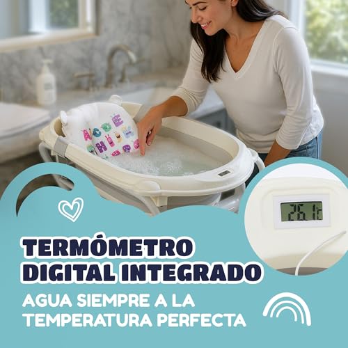 Baby Bath with Feet – Includes Digital Thermometer + Ergonomic Cushion + Bath Jug – Foldable Baby Bath – Non-Slip Feet – Banheira Baby with Stand – See Mounting Video Included