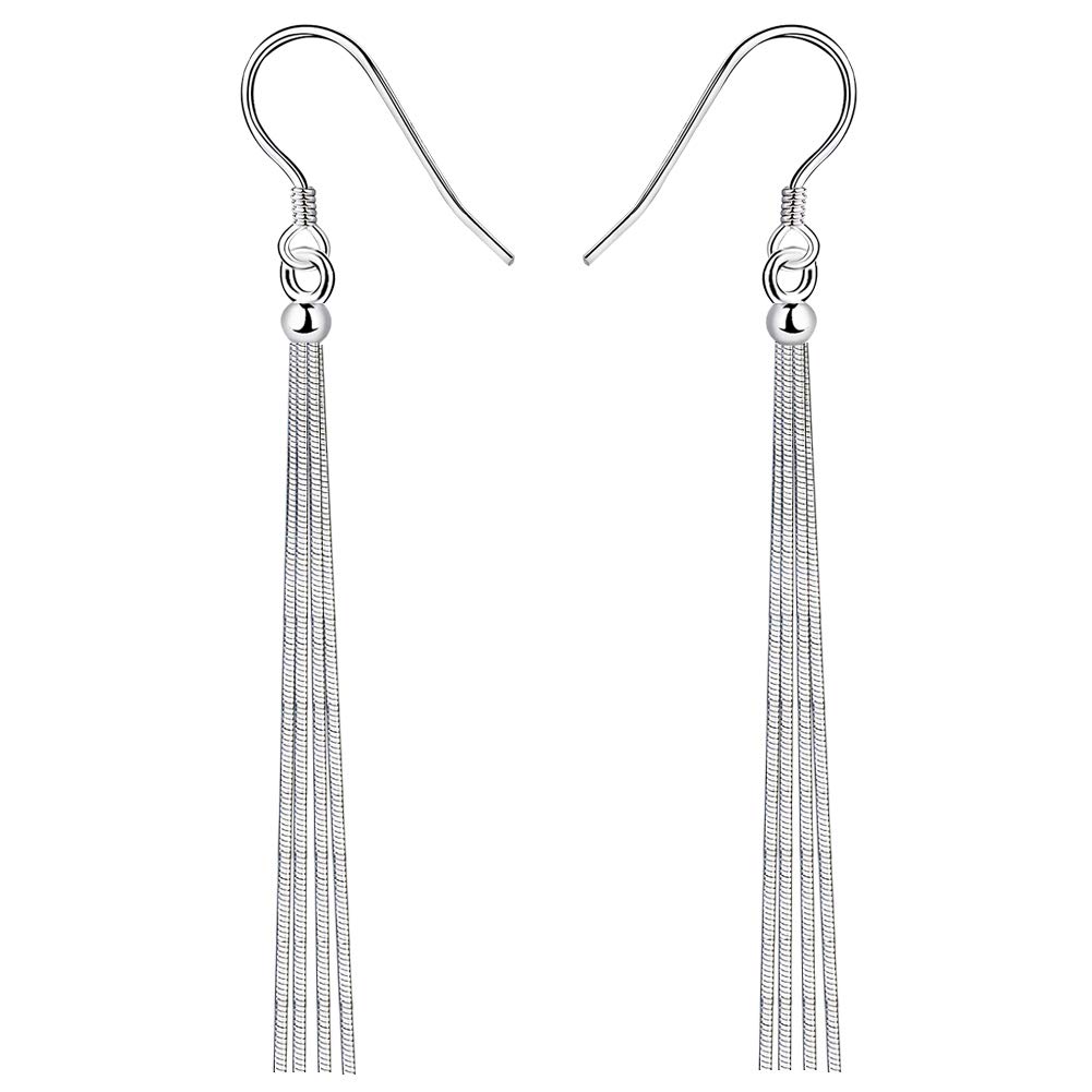 Yaneno 925 Sterling Silver Dangle Drop Bead Hook Earrings Long Tassel Threader Fashion Jewelry for Women, Hypoallergenic, White