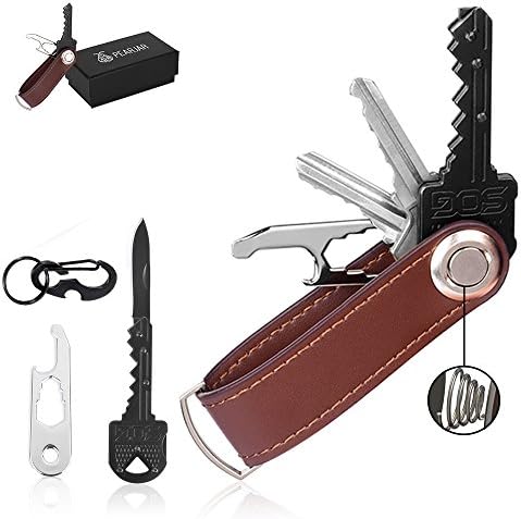 Key Organizer - Leather Keychain Set with Enhanced Secure Locking Mechanism | Smart & Compact Car Keys Holder - Bonus Folding Knife, Carabiner & EDC Stainless Steel Multitool