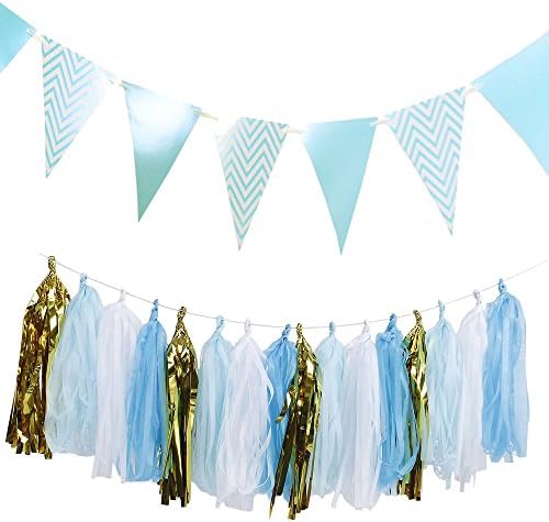 LOLOAJOY Tassel Tisues Garland Sparkly Wave Paper Pennant Banner Triangular Flags Banner For Birthday Wedding Party Blue