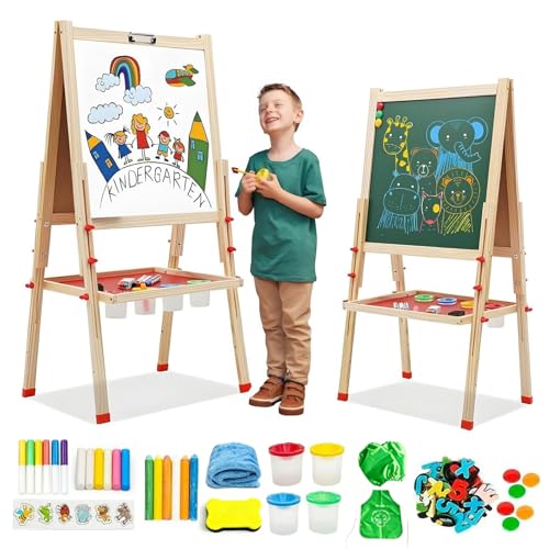Hcosmy Wooden Art Easel for Kid, Double Sided Kids Easel with Whiteboard & Chalkboard, Height Adjustable Standing Toddler Easel with Number and Painting Accessories, Education Gift for Boys and Girls