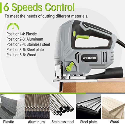 WORKPRO 600W Jig Saw, 6 Speeds and 7 Blades Included | Electric Jig Saw with 4 Orbital Positions, ±45° Cutting and Integrated Dust Blowing Function
