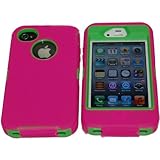 Iphone 4 4S Body Armor Defender - Comparable to Otterbox Defender + 1pc 3ft Data Cable (Hot Pink on Green)