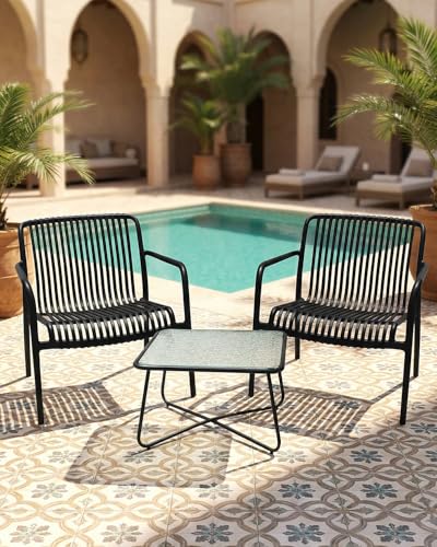 HariNorgen 3 Piece Patio Bistro Set Indoor Conversation Set Outdoor Garden Balcony 2 Large Black Plastic Armchairs & Square Glass Top Coffee Side Table,Black