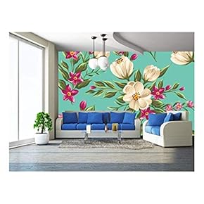 Spring Seamless Pattern with Bright Flowers - Removable Wall Mural | Self-Adhesive Large Wallpaper - 66x96 inches