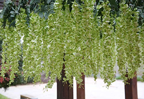 12pcs Artificial Wisteria Flowers 3.6 Feet/Piece Green Artificial Fake Wisteria Vine Ratta Hanging Garland Silk Flowers String Home Party Wedding Decor（Green-Dense）