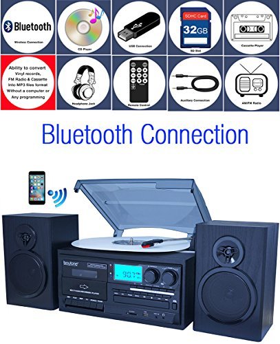 Boytone BT-28SPB, Bluetooth Classic Style Record Player Turntable with AM/FM Radio, Cassette Player, CD Player, 2 Separate Stereo Speakers, Record Vinyl, Radio, Cassette to MP3, SD Slot, USB, AUX