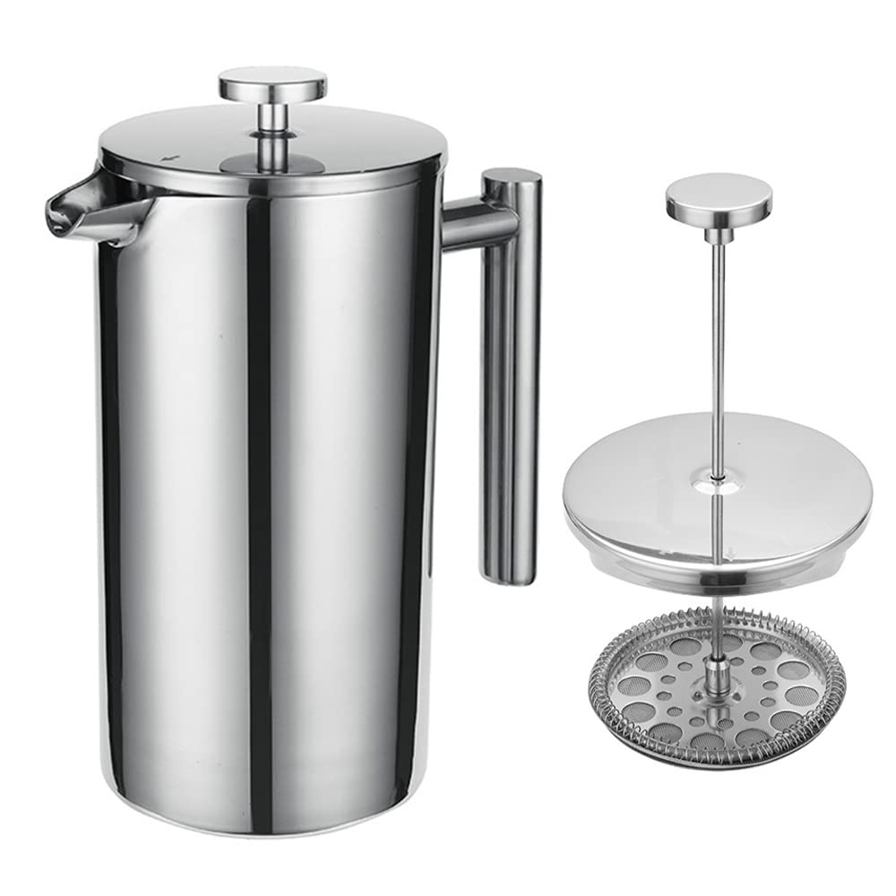 ZPZGOG Cafetière 1000ml, 8Cup Stainless Steel French Press Coffee Maker, 3 Level Filter Double Walled Insulated French Press Caffettiere for Home and Office Coffee Pot