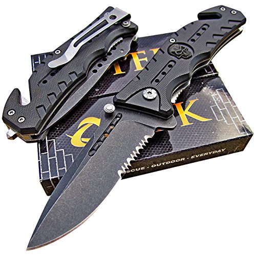 Tactical Edge Knives: Black SKULL Spring Assisted Opening Folding Blade Rescue Pocket Knife - Seat Belt Cutter - Glass Window Breaker - TEK