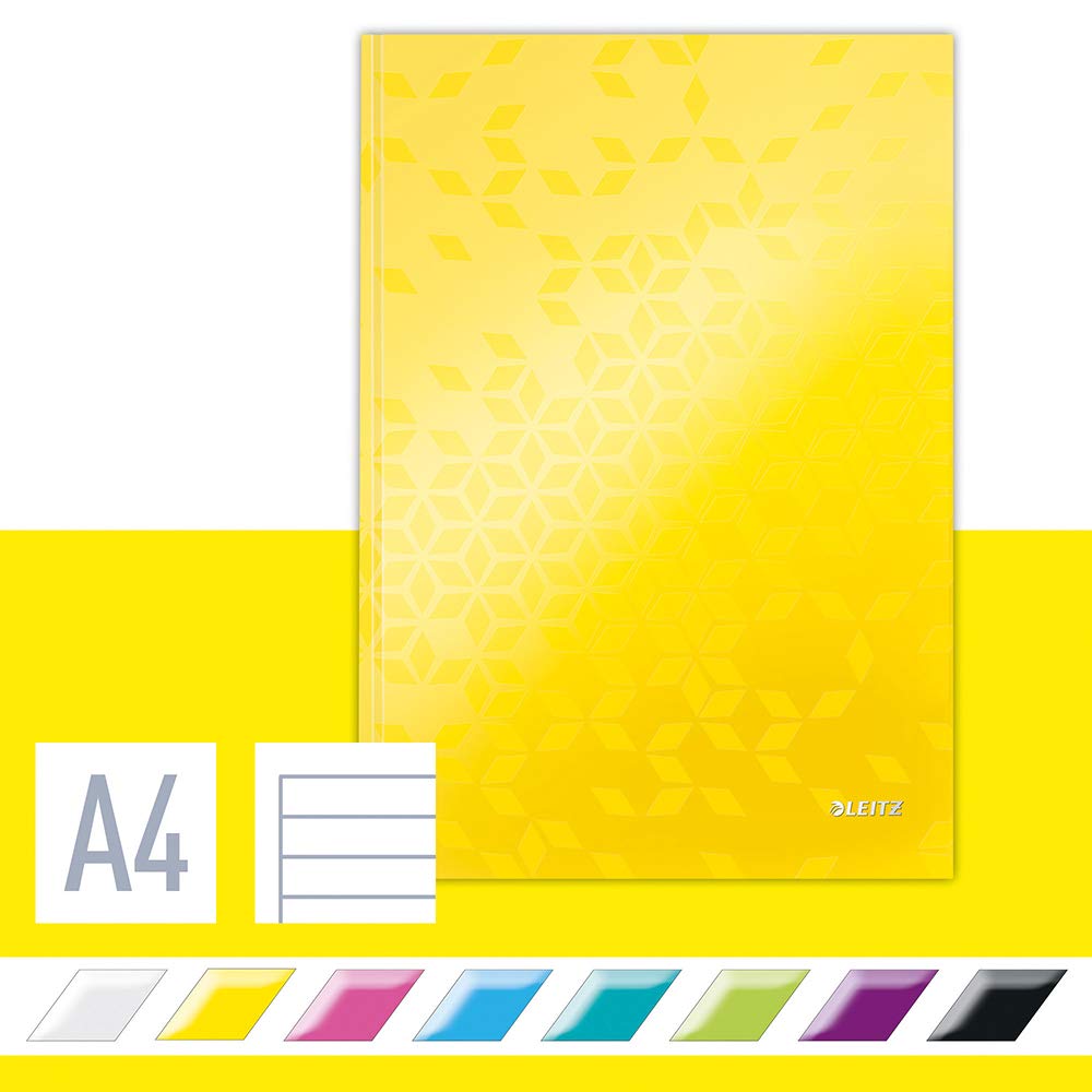 Leitz WOW Notebook A4 Lined, Hardcover, 160 Pages, 80 Sheets of FSC-Certified Paper (80 g/m²), Laminated Cover, Thread Binding, For Office, School or as a Diary, Yellow, 46251016