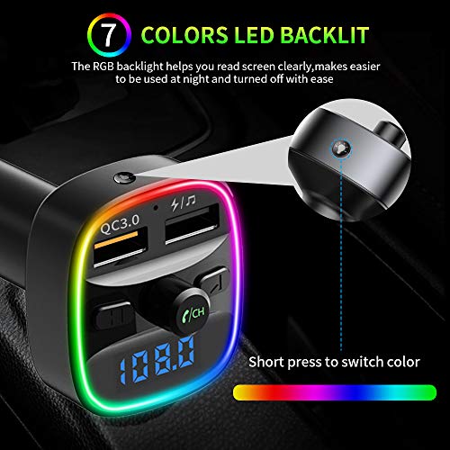 ZEXMTE Bluetooth FM Transmitter for Car QC 3.0 Wireless Bluetooth FM Audio Transmitter Adapter with Hands-Free Calling,Support USB Disk, Universal Bluetooth Transmitter Car kit