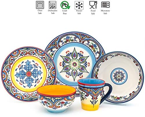 Colorful Zanzibar stoneware dinnerware set priced at $119.99.