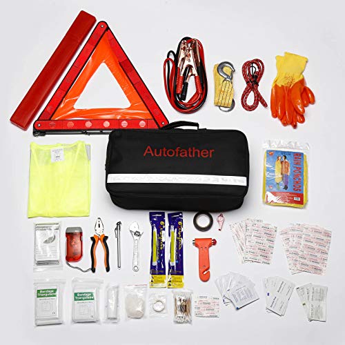 Car Truck RV Emergency Safety Kit 123Pcs Roadside Assistance Winter Survival Rescue Tools with Jumper Cable Tow Rope Triangle Blanket and First Aid Kit Bandage, 2 Year Warranty