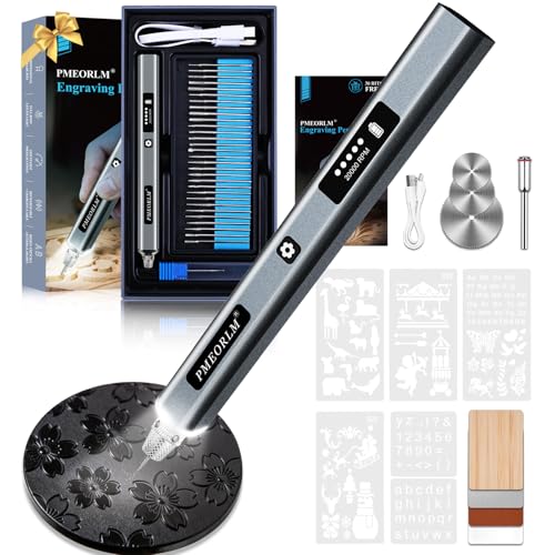 vueowcue Engraving Pen - Electric Engraving Pen with LCD Display, LED Light, 5 Speeds, 30+ Accessories and Fast Charging USB-C Portable Wireless Tool (Grey)
