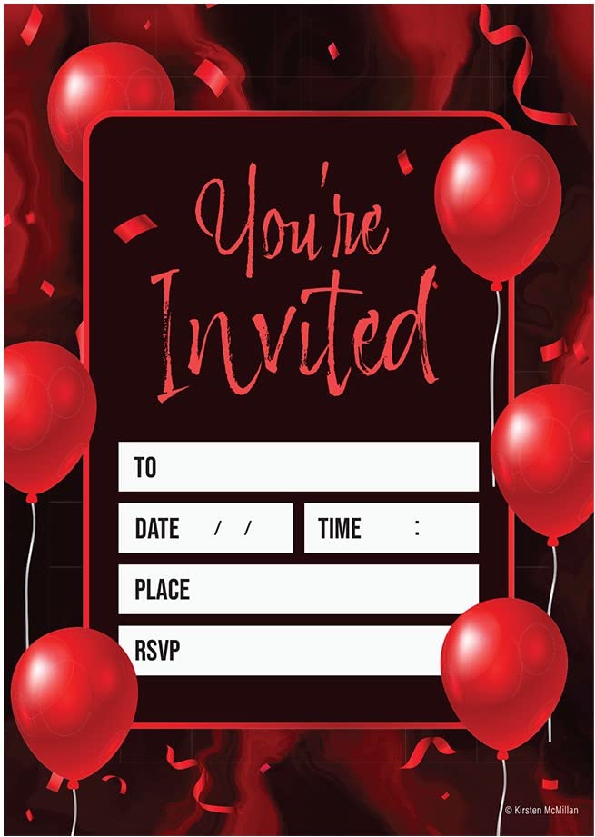 Kirsten McMillan 32 Black & Red Balloon Birthday Invitations - A6 Birthday Party Invitations Cards for Adults with Envelopes – Invites Designed and Printed in the UK