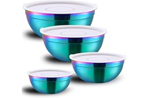Jalzdieod 4-Piece Rainbow Stainless Steel Mixing & Serving Bowl Set with Airtight Lid, Unbreakable Deep Soup Bowl