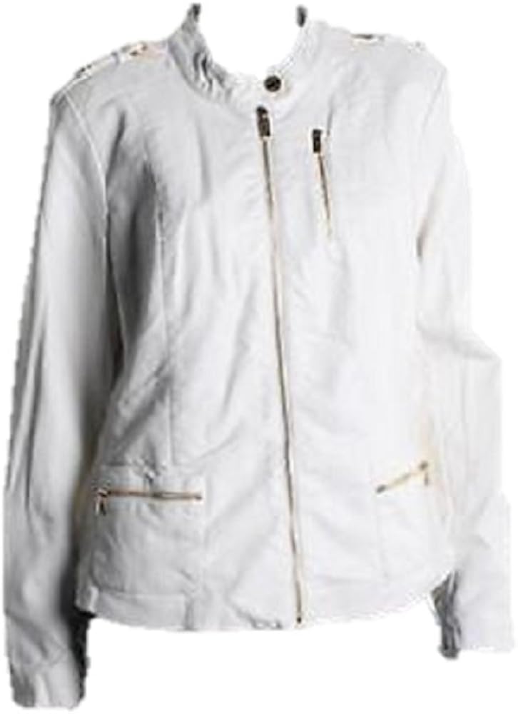Calvin Klein White Faux Leather Asymmetric Motorcycle Jacket Small at