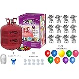 Helium Tank with 50 Balloons and White Ribbon + 12 Silver Balloon Weights + 10 Flower Clips - Plus Balloon Tying Tool