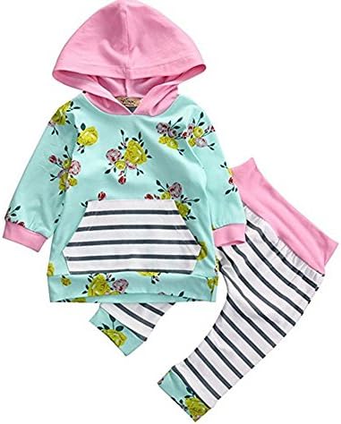 Newborn Baby Girls Flower Print Hoodie and Striped Pant Set Leggings 2 Piece Outfits (6-12 Months, Green)