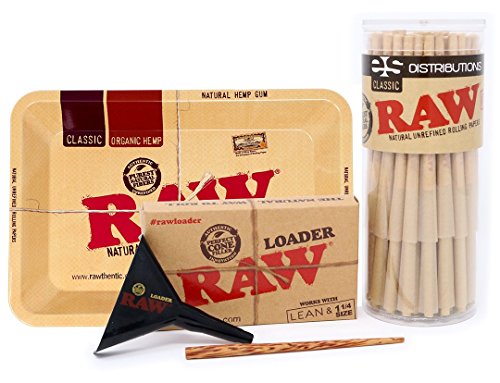 RAW Classic Lean Size Pre-Rolled Cones with Filter Tips - Bundle (50 Pack with Mini Rolling Tray and Lean Loader)