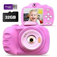 Kids Camera for Girls Boys, HD 12MP Digital Camera for Kids with Silicone Protective Cover, 1080P Shockproof Digital Video Camcorder Rechargeable with Front and Rear Selfie Lens 32GB SD Card - Pink