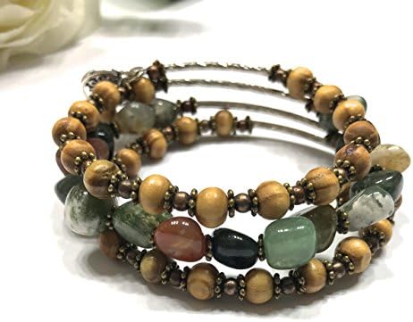 Natural Tumbled Multi-Color Agate Bracelet. Memory Wire. Easy Slip On and Off. Triple Strand, Tree of Life Within a Heart Charm. Bamboo and Metal Accents. Abundance Stone. Heart Chakra Balance.