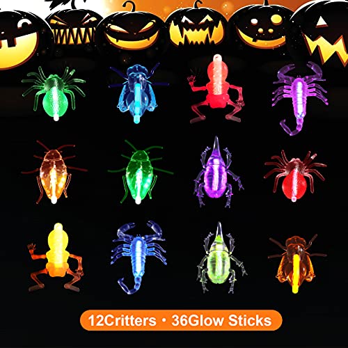 LovesTown 48 PCS Halloween Glow Critters Set, Glow in The Dark Critters Toys 12 Critters Toys and 36 Glow Sticks Halloween Bug Toys for Halloween Goodie Bag Fillers