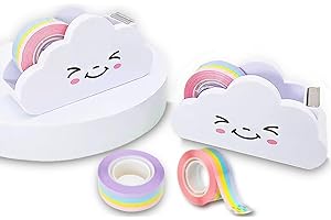 TANGSEAJIAO 1 Pc Cute Cloud Tape Desk Dispenser Tape Cutter, with 1 Roll Rainbow Tape, Tape Dispenser Holder for Home School Office Stationary Packaging Wrapping Craft Supplies