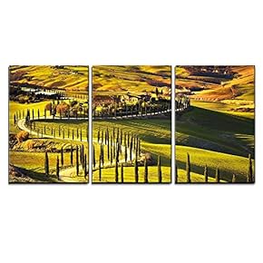 3 Piece Canvas Wall Art - Tuscany, Rural Sunset Landscape. Countryside Farm, Cypresses Trees, Green Field - Modern Home Art Stretched and Framed Ready to Hang - 16"x24"x3 Panels