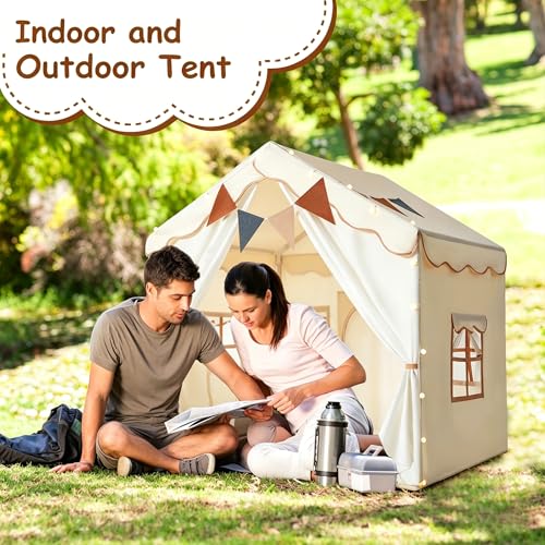 STANEW Large Dome Tent, Foldable Camping Tent Indoor Outdoor, Contain Star Light, Flag, padded mats, Outdoor Shelter 132 * 92 * 128cm -Cream