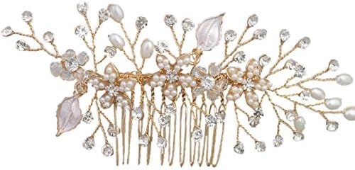 Hair Fascinator Comb - Chicone Ladies Bridal Wedding Prom Flower Hair Clip Headband with Rhinestone Pearls (One size, Gold)