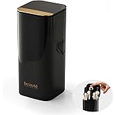 DASITON Makeup Brush Holder with Lid,4 Slots Makeup Brush Organizer,Automatic Lifting Makeup Cosmetics Organizer,for Vanity Decor,Bathroom Countertop,Dustproof Cosmetic Brushes Container(Gold-Black)