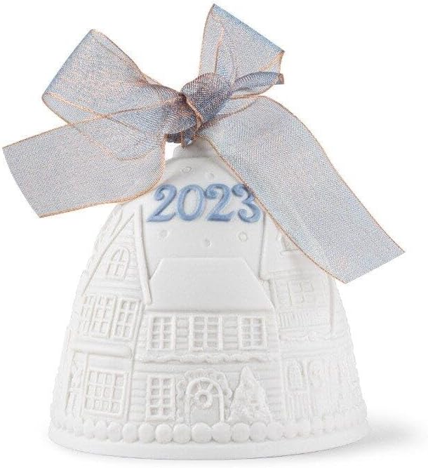 Ornaments - LLADRÓ Christmas Bell Year 2023 Blue. Decorative Ornament in Matte Porcelain with Blue Details. Porcelain Christmas Bell