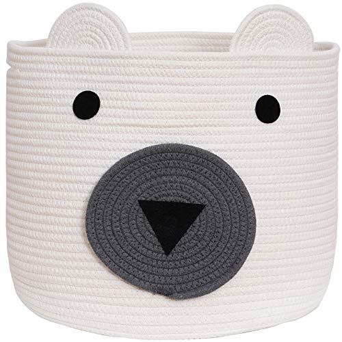 VK Living Cotton Rope Bear Animal Basket Foldable Large Woven Storage Basket Baby Nursery Cute Laundry Hamper for Toys,Blanket, Towels Clothes in Bedroom Living Room White 18″x15″