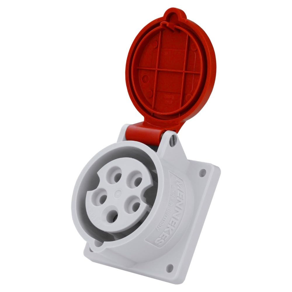 MENNEKES 1385 Straight Panel Mounted Socket, IP 44 Protection, 6 hours Earth Position, 5 Pole, 16 A Current, 400V, Red