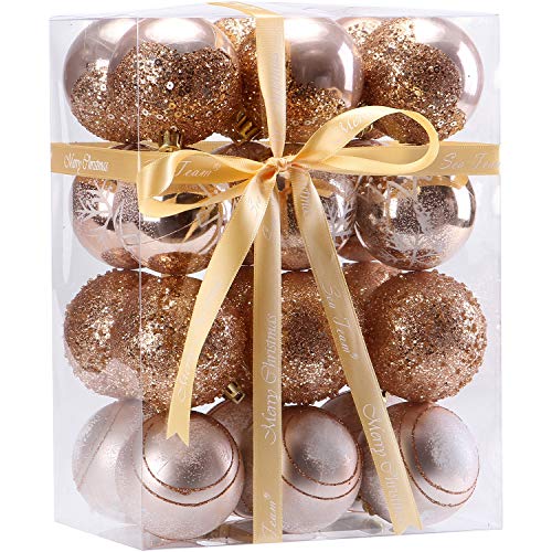 Sea Team 60mm/2.36" Delicate Painting & Glittering Shatterproof Christmas Balls Decorative Hanging Christmas Ornaments Baubles Set for Xmas Tree - 24 Counts (Rose Gold)