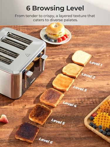 Toaster 4 Slices, 1600 W Intelligent Stainless Steel Toaster, 6 Colour Settings, Full Touchscreen Operation, Extra Wide 1.57 Inch Slot, with Digital Timer, Crumb Drawer, Silver