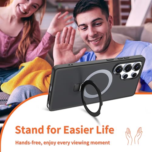 Case for Samsung Galaxy S25 Ultra with Magnetic Stand, Magsafe Case with Rotating Ring, Wireless Charging with Invisible Ring Stand Case Samsung S25 Ultra Protection -Black