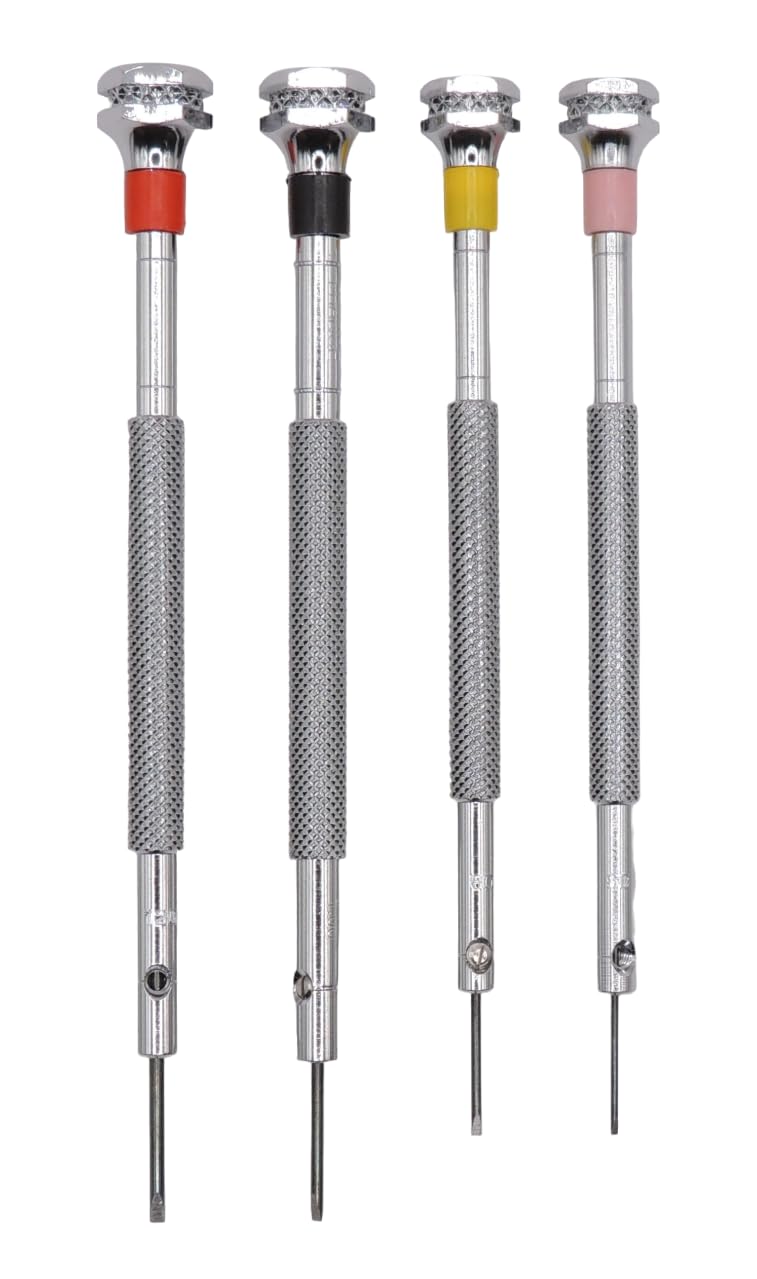 KD89 Horotec MSA01.003 Set of 4 Classic Watchmaker's Screwdrivers Chrome-Plated Brass Diameter 0.60, 0.80, 1.00, 1.2 mm