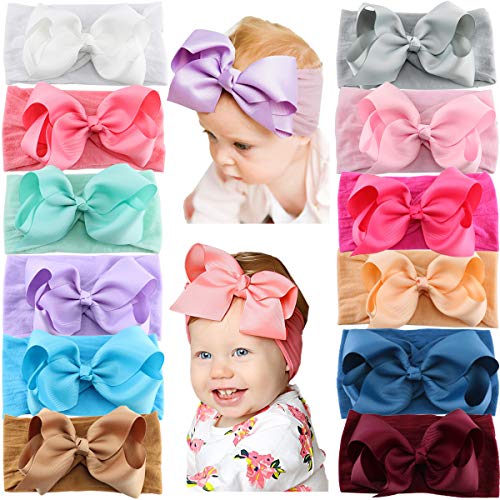 12PCS Baby Girls Grosgrain Ribbon Hair Bows Nylon Headbands 5Inch Big Bow Knotted Soft Nylon Hairbands Turban Head Wrap for Infants Toddlers Newborns Kids