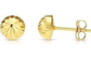 TILO JEWELRY 14K Yellow Gold Half Ball Stud Earrings, Hand Engraved Diamond-cut Half Ball Stud Earrings, 14K Butterfly Push-back Sleeper Earrings