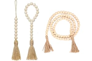 LOKUSEL 3 Pcs Natural Wood Bead Garland with Tassels,Handmade Boho Decor for Farmhouse Wall Hanging Decor,Baby Room, Vase Ornament