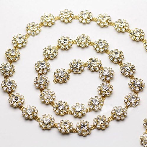 Flower Pattern Rhinestone Chain Trim Sewing Crystal Applique in Gold Metal Mesh for Dresses Jewelry Bags Headpieces (Gold)